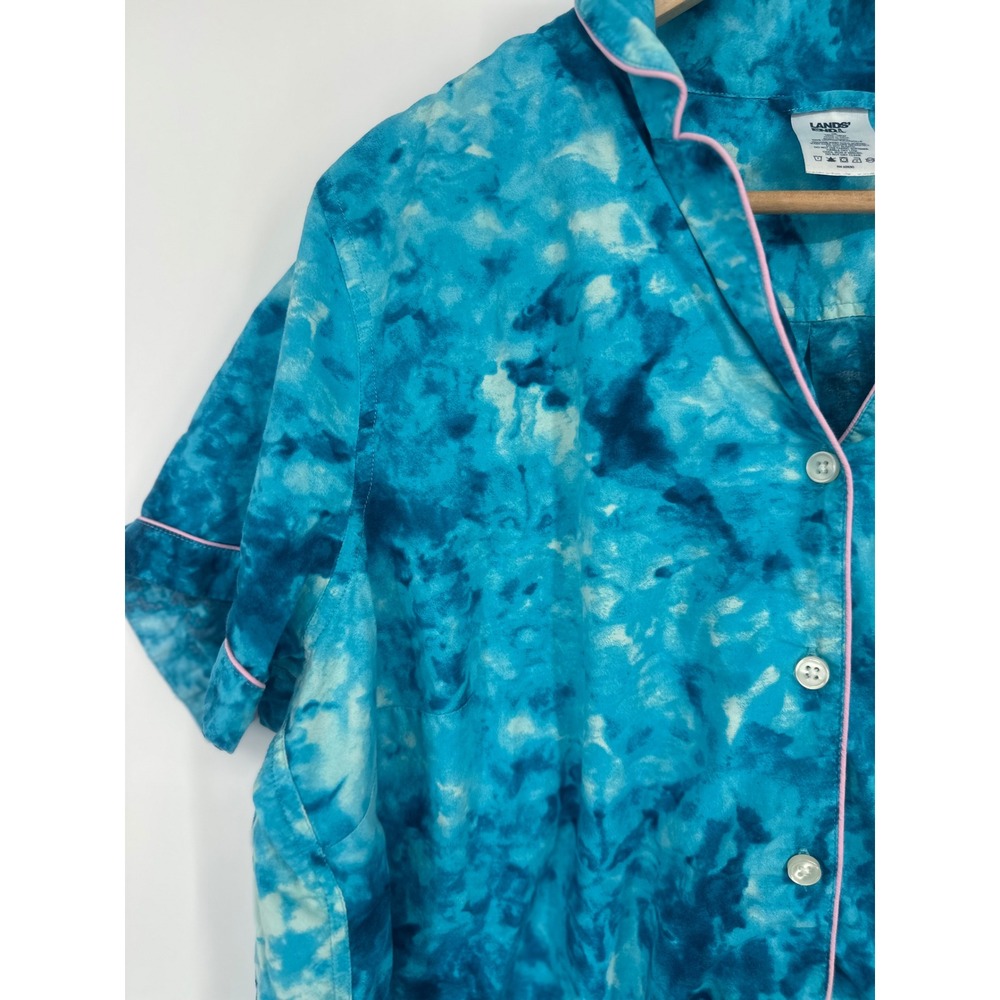 Lands End Pajama 2 Pc Set Womens 1X Blue Tie Dye Button Top Pants Loungewear - Picture 3 of 11